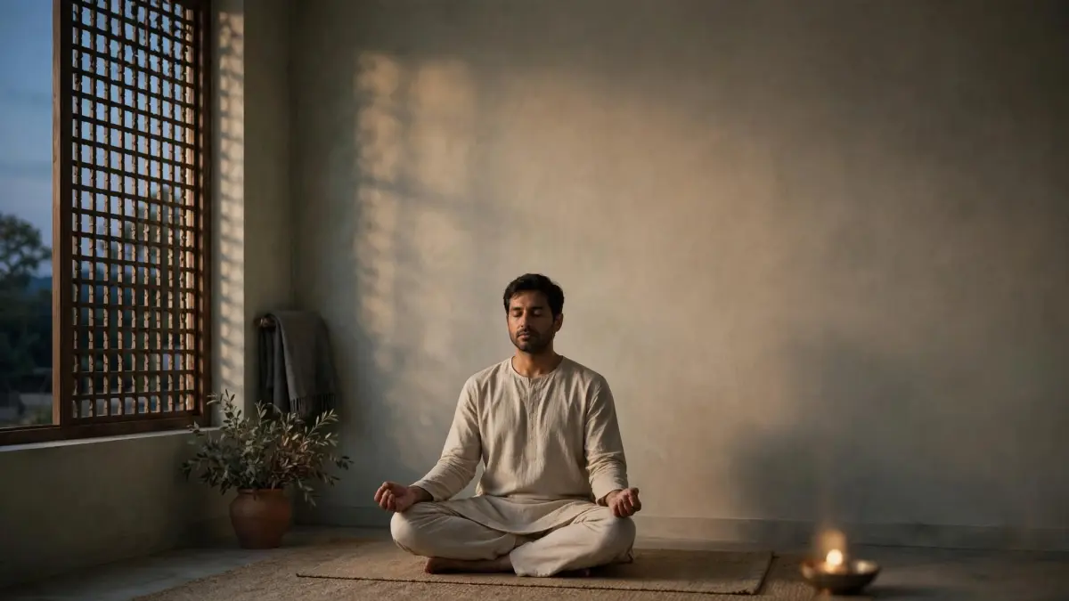 Editorial visual representing evening meditation routine