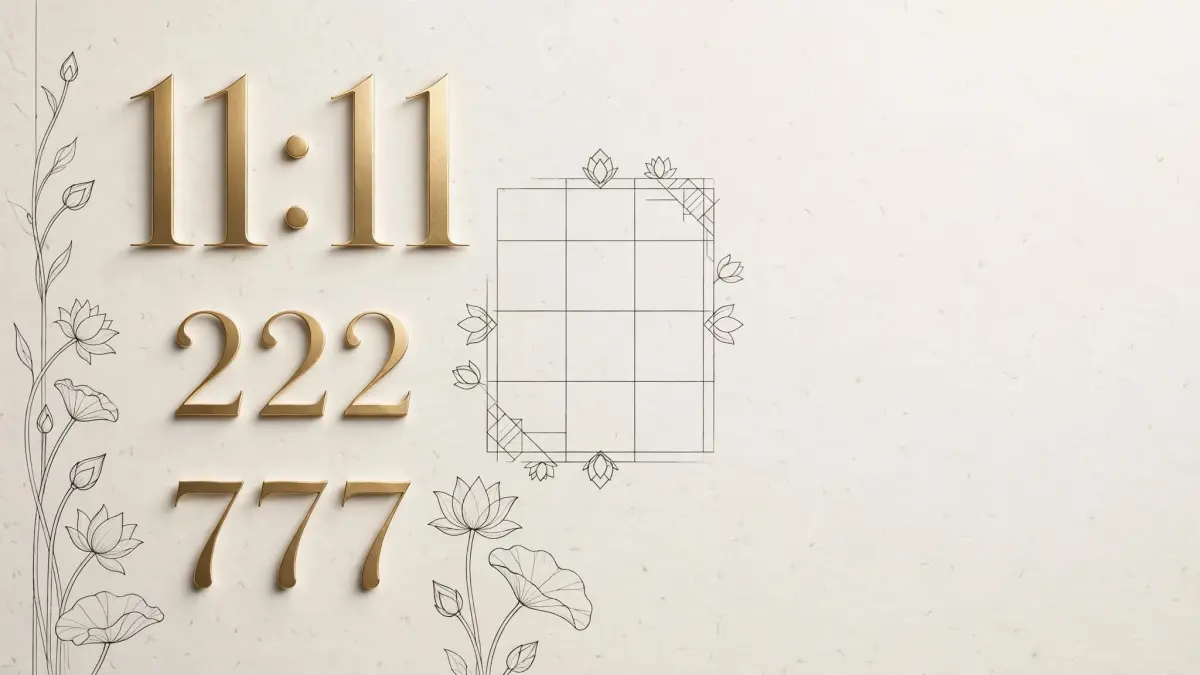 Editorial visual representing repeating numbers 11:11 222 777