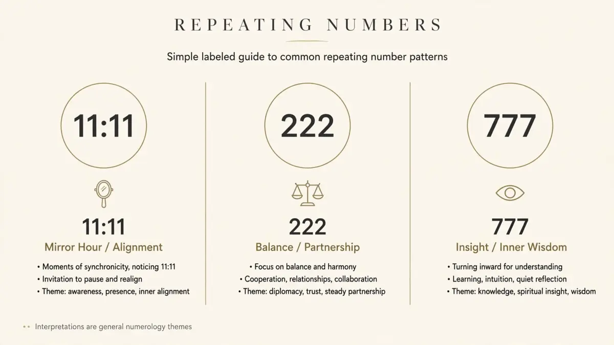 Explainer diagram for repeating numbers 11:11 222 777